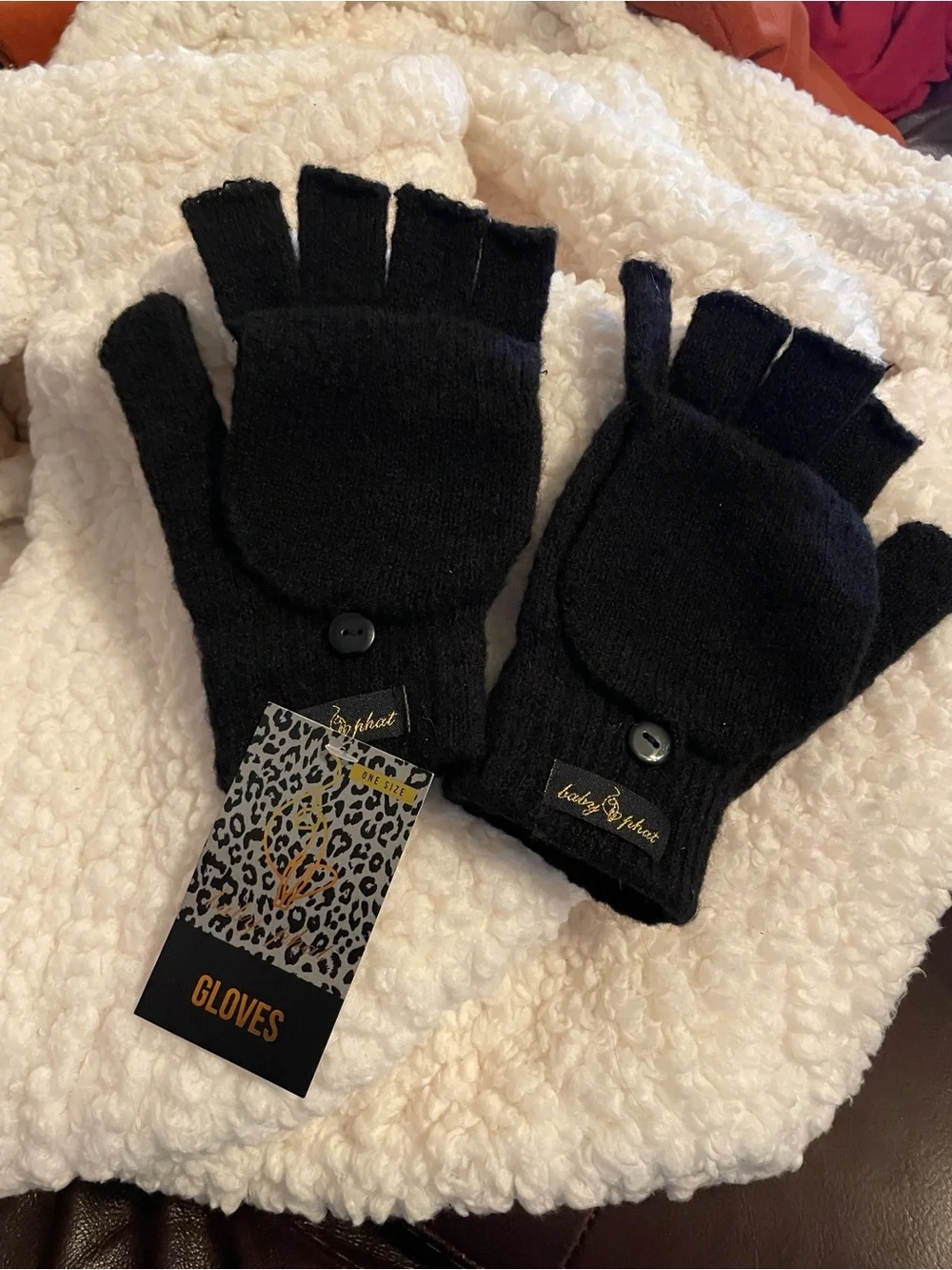 Baby Phat Convertible Fingerless Gloves Black Flip Top Mitten One Size NWT